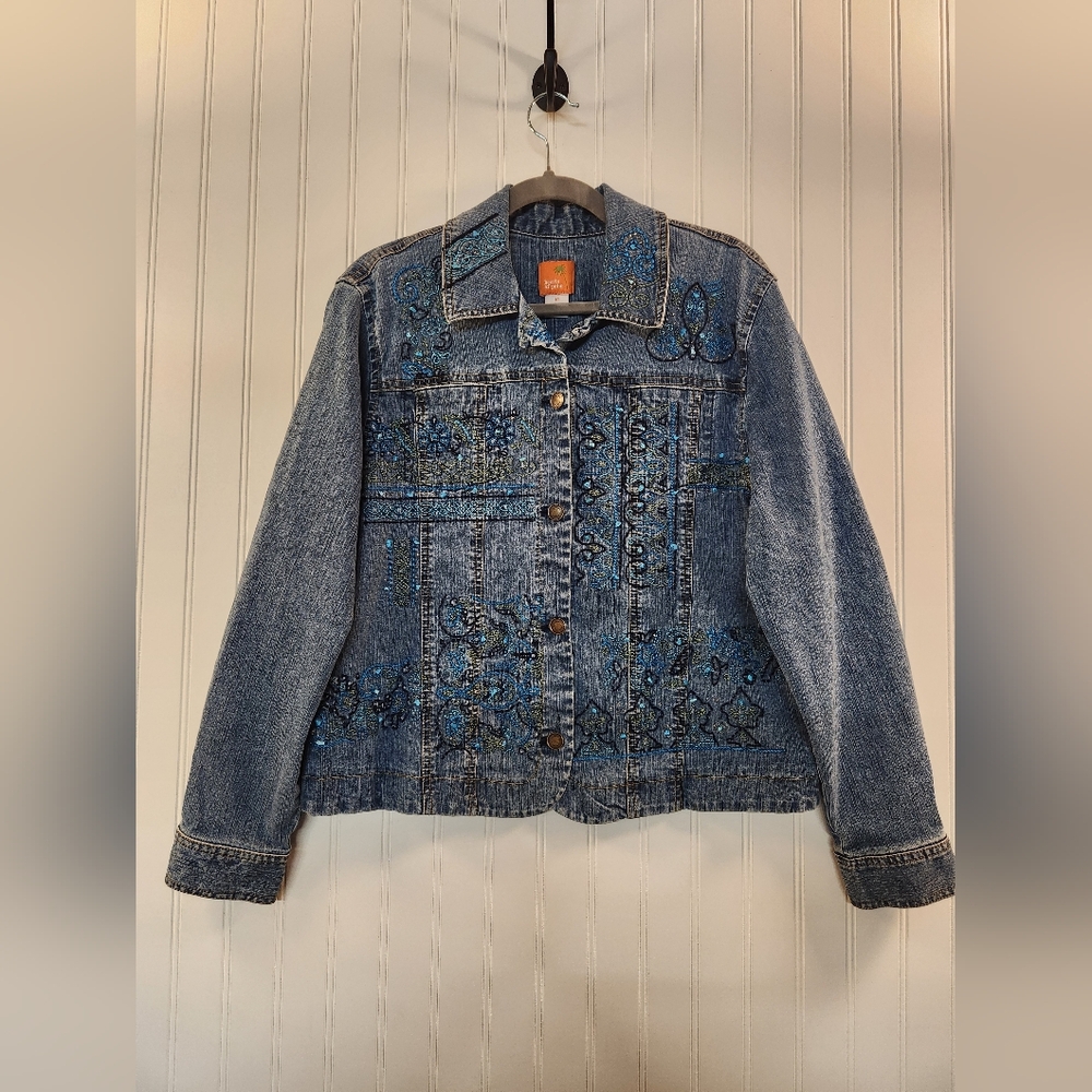 Hearts Of Palm Women's Floral Embroidered Ramie Blend Blue Denim Jacket Size 14‎
